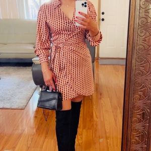 Pink brown white and black print dress